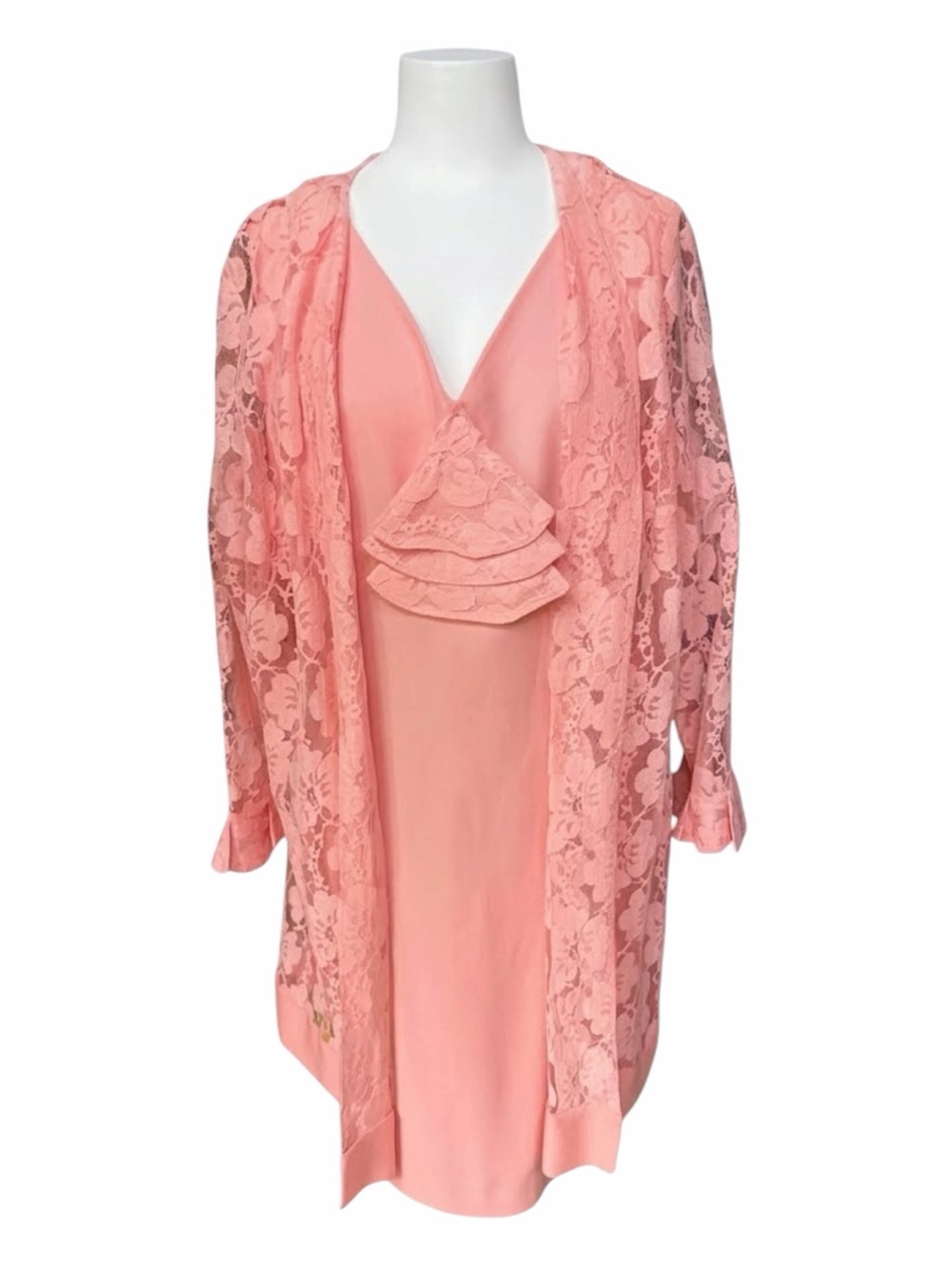 1970s Sherbet Poly Knit Sleeveless Shift Dress w/Matching Open-Front Floral Lace